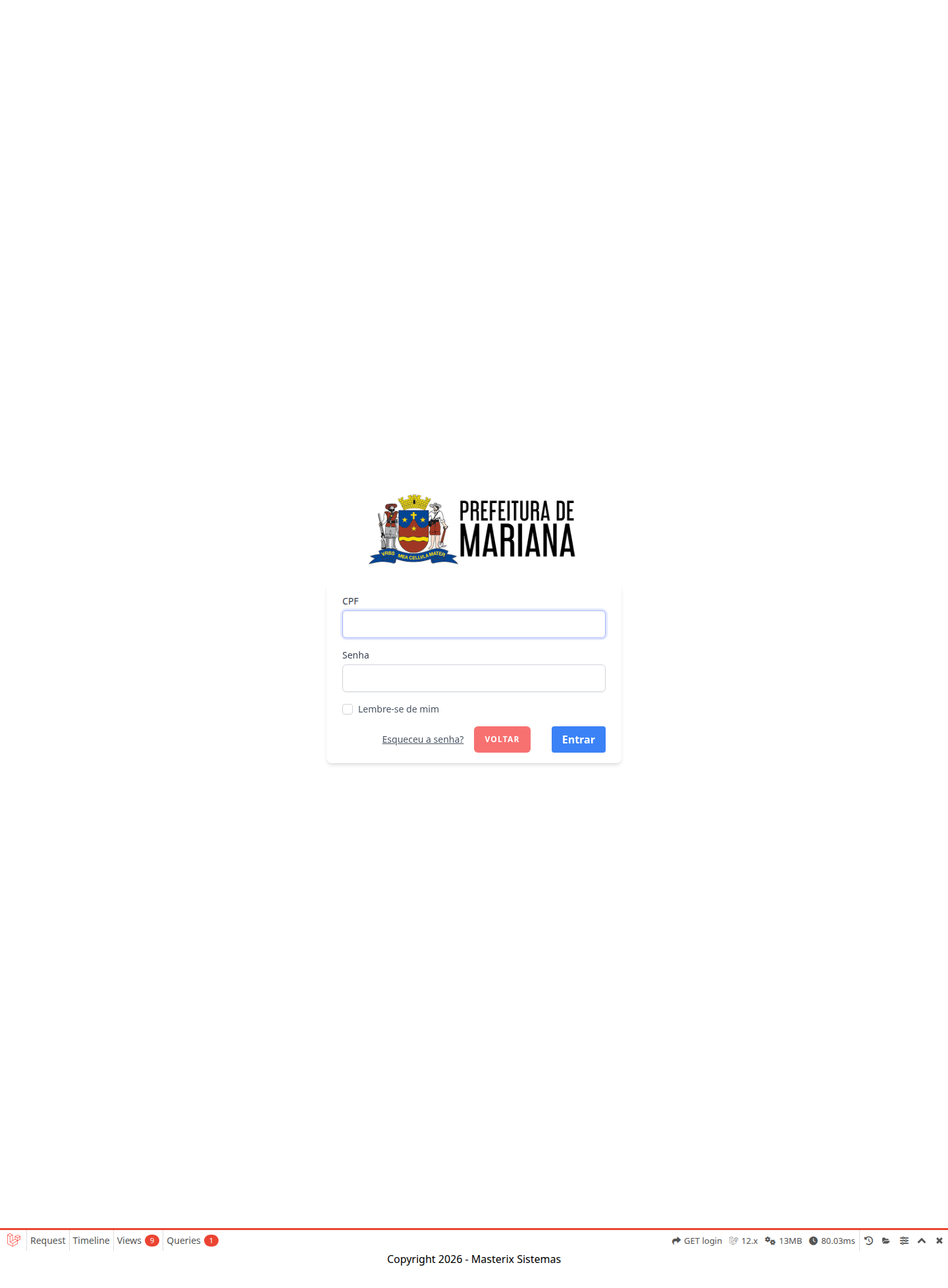 Tela de login do sistema